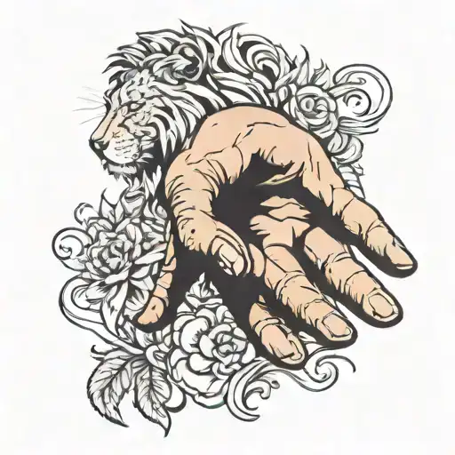 Lion Hand Reaching Towards A Human Hand Holding