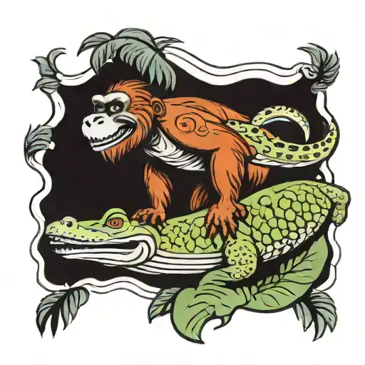 Orangutan Riding A Crocodile