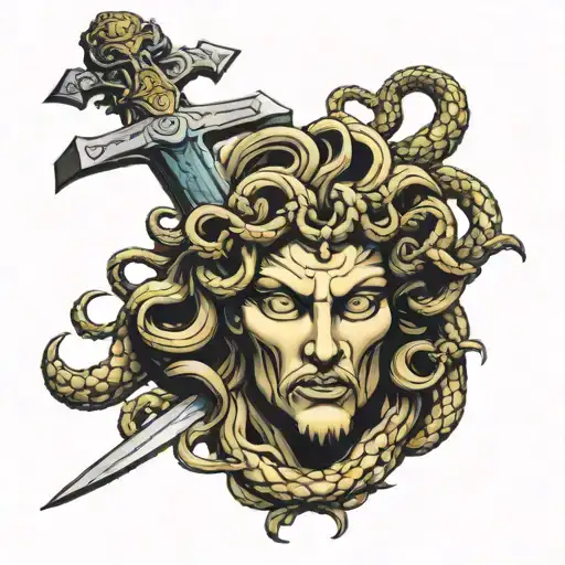 Medusa Head On The Handle Of A Sword With Snakes Wrapped Around The Blade Of The Sword