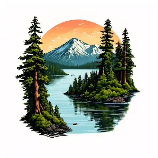 Washington Mountain Landscape Lake River Trees With Border