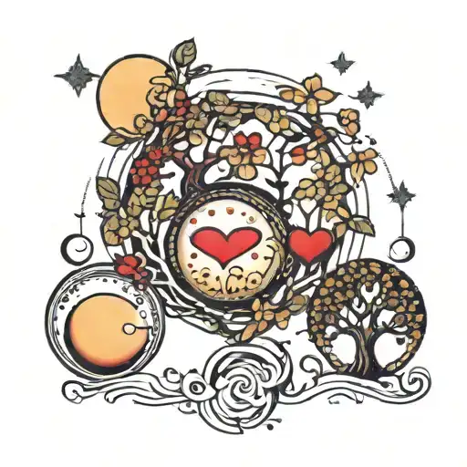 Four Moons In A Row One Holds Four Small Hearts The Other Three Small Trees