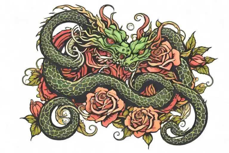 Entwining Serpent Dragons With Roses
