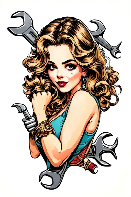Traditional Pinup Girl Plumbing Tools Like Wrenches