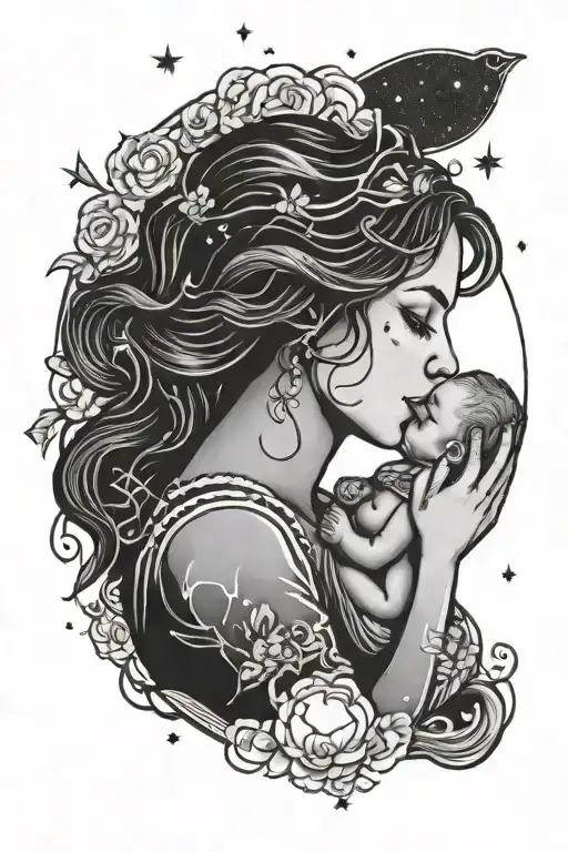 Outline Of Mother Holding And Kissing Her Baby Above Her Head Under The Night Sky