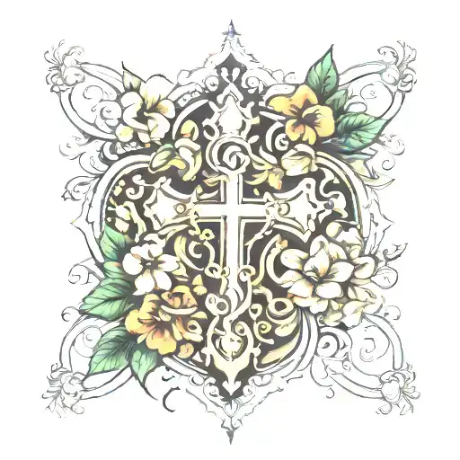 Floral Tattoo With Christian Cross Intertwined