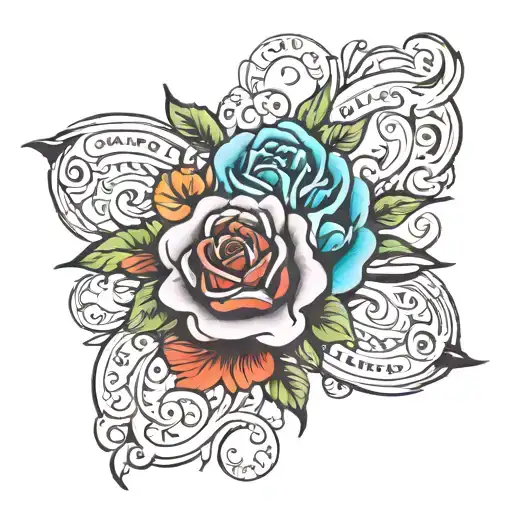 Hand Tattoo With The Names Sergio And Filomena On Top Of A Rose