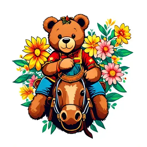 Teddy Bear Holding Flowers Riding A Horse