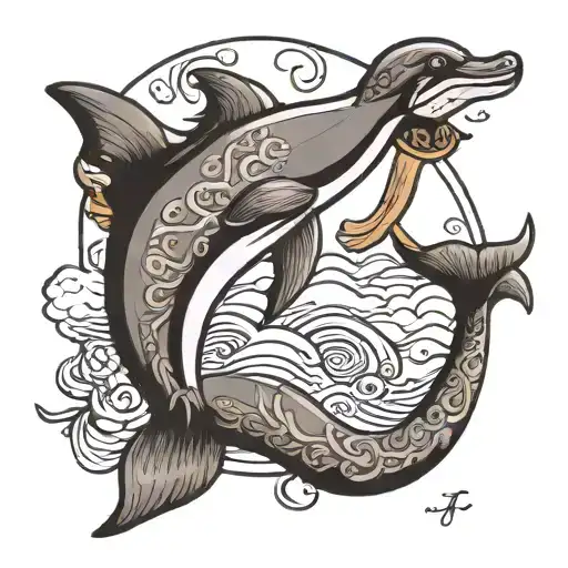 Dolphin Tattoo With Initials J R With Knitting Needles Going Below And On Top Of The Jr
