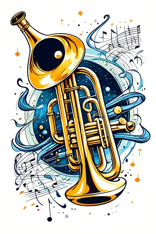 Trumpet With Notes Flowing And Space Themed