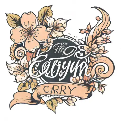 The Name Caryn In Cursive Surrounded By Cherry Blossom Around It On Forearm