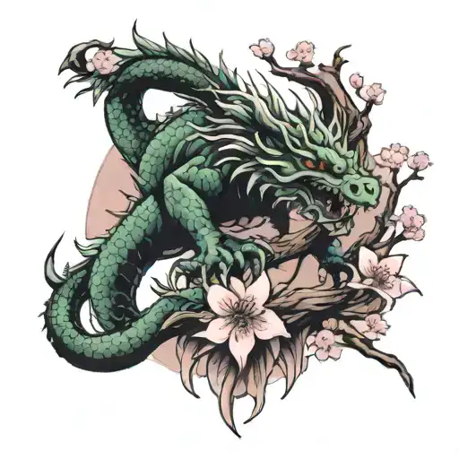 Earth Dragon With Cherry Blossom Tree