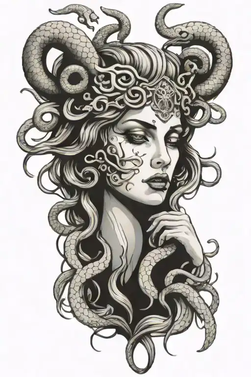 White Medusa Angel Type With Snakes On Head And Hands On Her Face