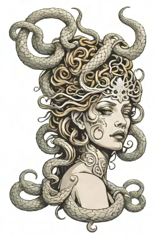 White Medusa Angel Type With Snakes On Head And Hands On Her Face