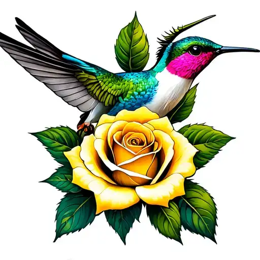 Single Yellow Rose With Hummingbird