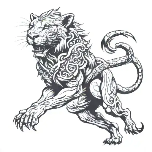 Lioness Walking With A Dragon Flying In The Background