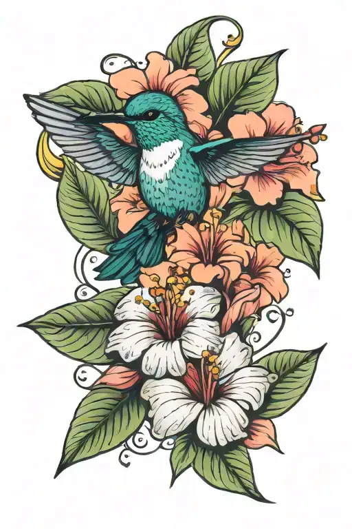 Hummingbird Perched Atop Hibiscus Flowers Blooming