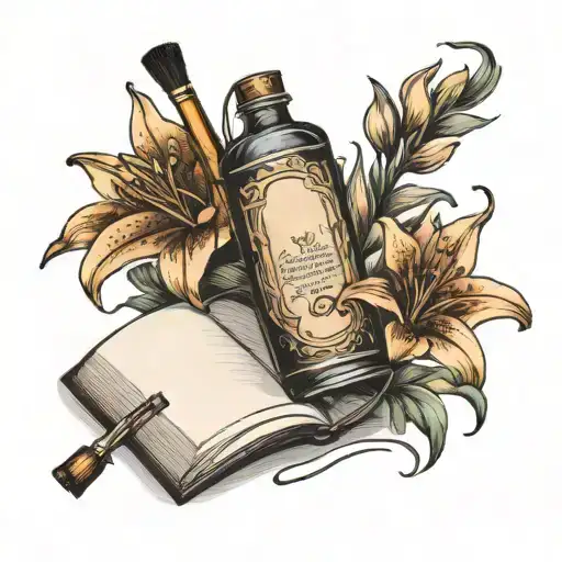 Book With Turning Page Paint Brush Alcohol Bottle And Lilies