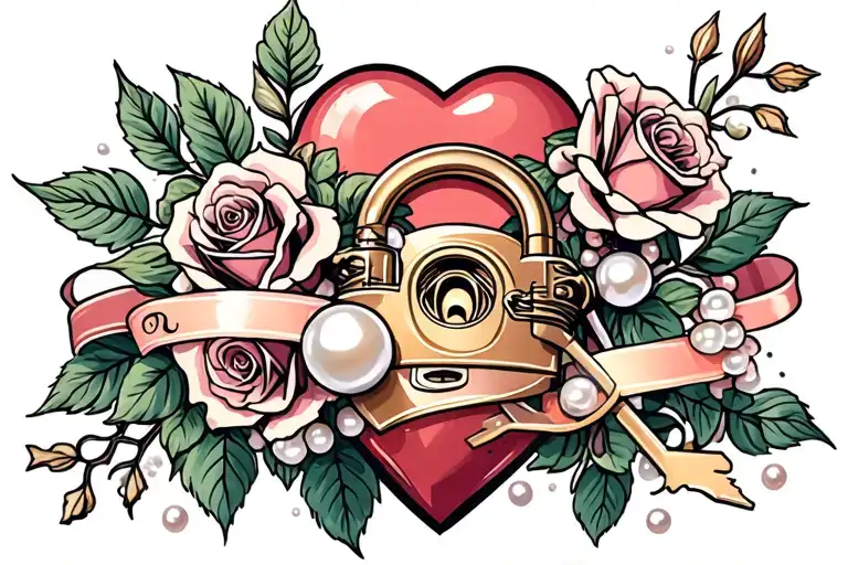 Roses And Heart Lock & Key Pearls And Ribbon