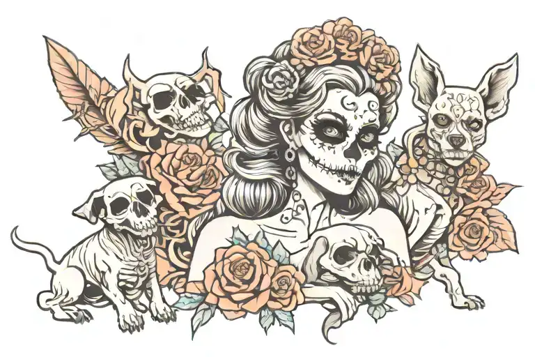 Skull Girly Goddess With Dogs
