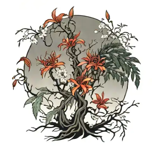 Red Spider Lilies Intertwined With Chery Blossom Tree