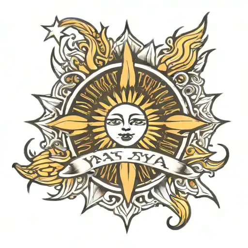 Sun Outline With Cross Surrounded With The Name Yaya Incorporated