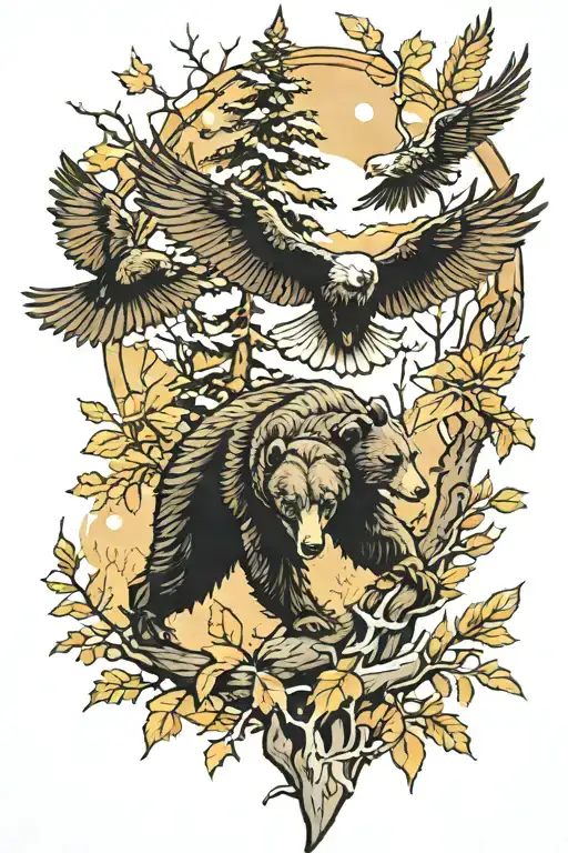 Black Bear And Bald Eagle In Woods Surrounded