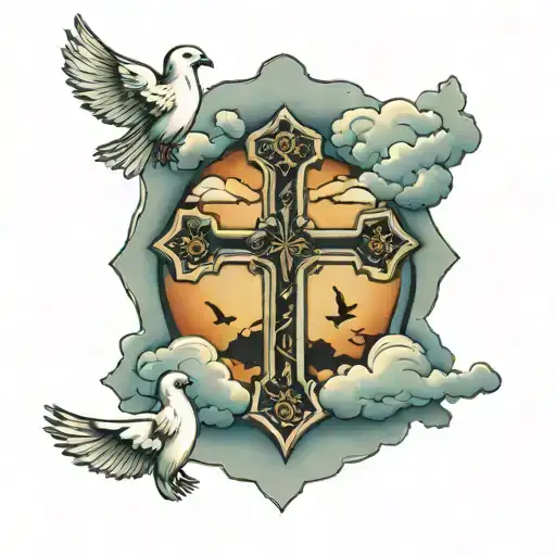 Cross With Clouds And Doves Flying