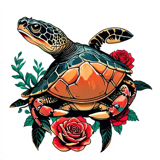 Sea Turtle And Crab Surrounded By Roses