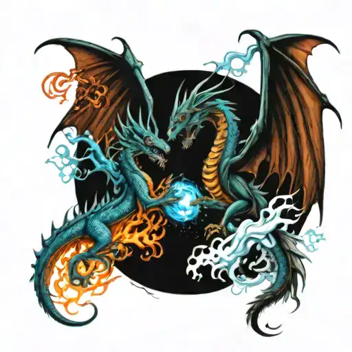 Two Dragons Fighting Fire And Ice On Back As Full Backpiece