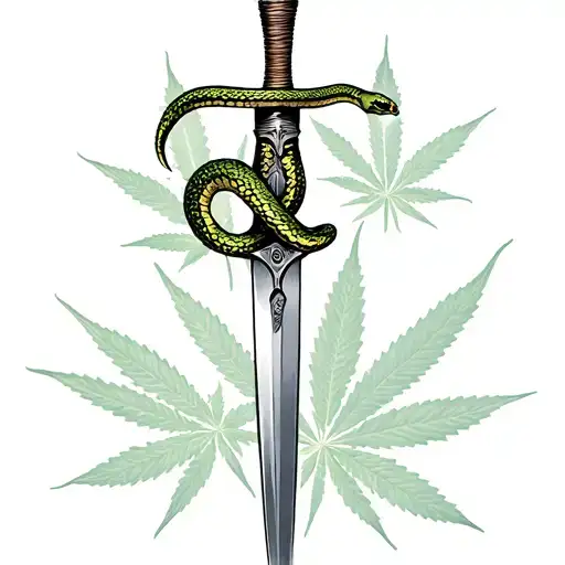 A Dagger With A Snake Writhing In The Background Of Marijuana Leaves