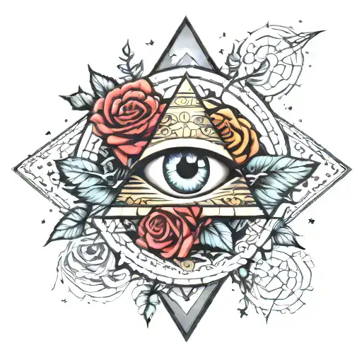 Colorful Roses And Stars With The Pyramid And A Detailed Realistic Eyeball