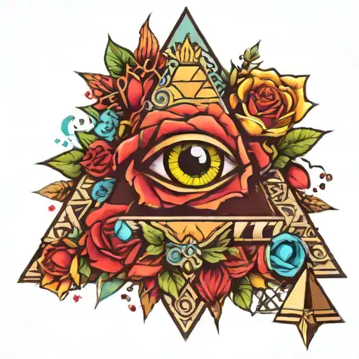 Colorful Roses And Stars With The Pyramid And A Detailed Realistic Eyeball