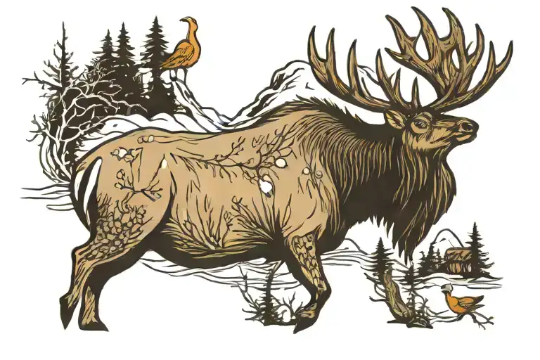 An Elk Next To A Duck Flying Away