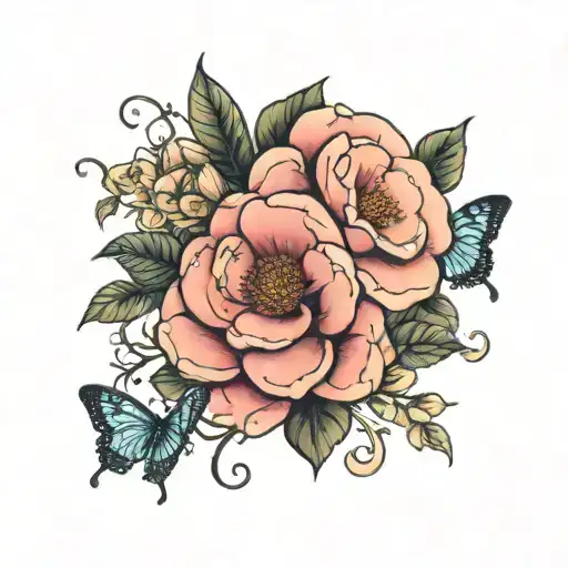 Camellia Flower With Butterflies Surrounding