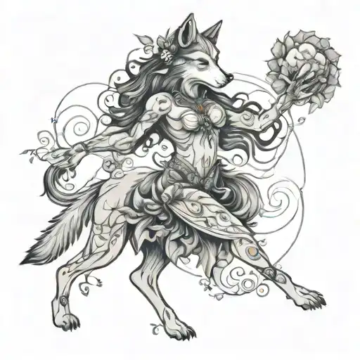 Wolf Woman Dancing With Elements Of Nature Fine Lines