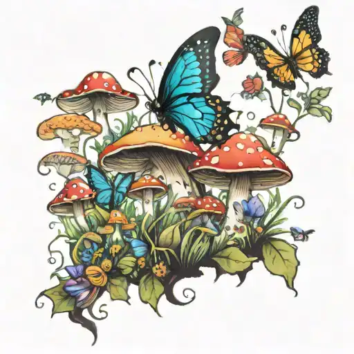 A Whimsical Forest Scene With Fairy's And Butterflies Dancing Around Mushrooms