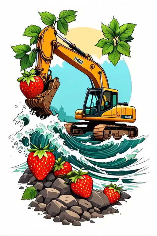 Waves Crashing On Rocks With An Excavator Digging Up Strawberry Vines Wrapping Around The Arm