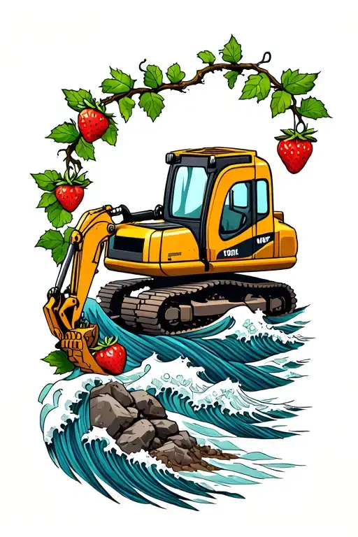 Wristband Of Waves And Rocks With An Excavator Digging Up Strawberry Vines Wrapping Around The Arm