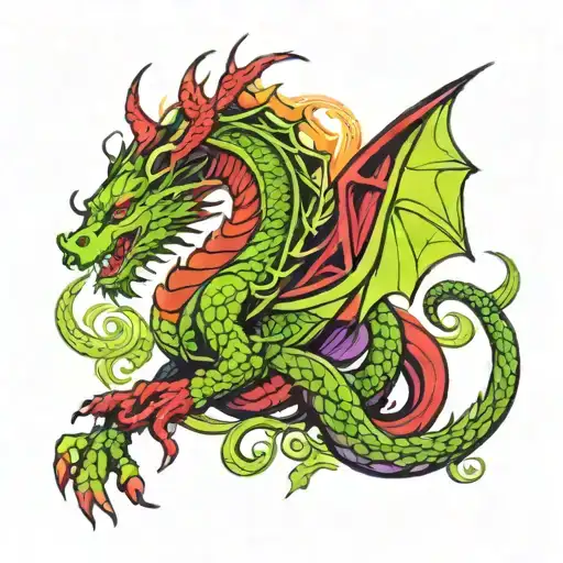 Virgo Sign And Dragon Combined Together With Prominent Colors Of Green Purple Red And Black