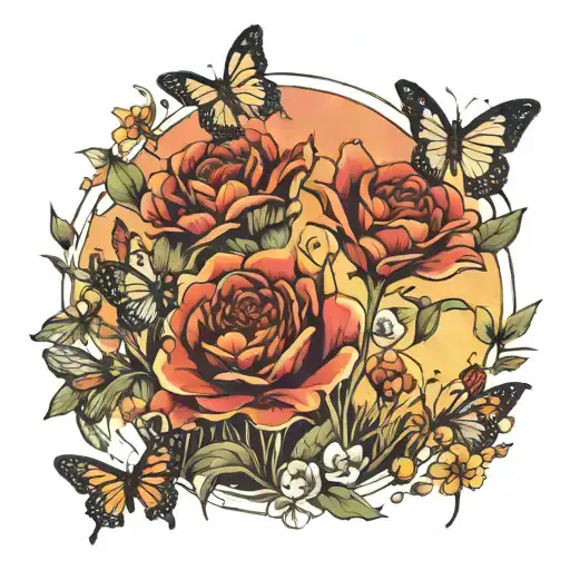 A Beautiful Peaceful Sunset Over A Field Of Flowers And Butterflies