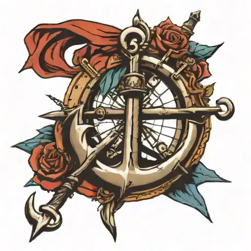 Tattoo Over The Entire Arm With The Motif Of An Old Anchor On The Side Of The Wind Rose