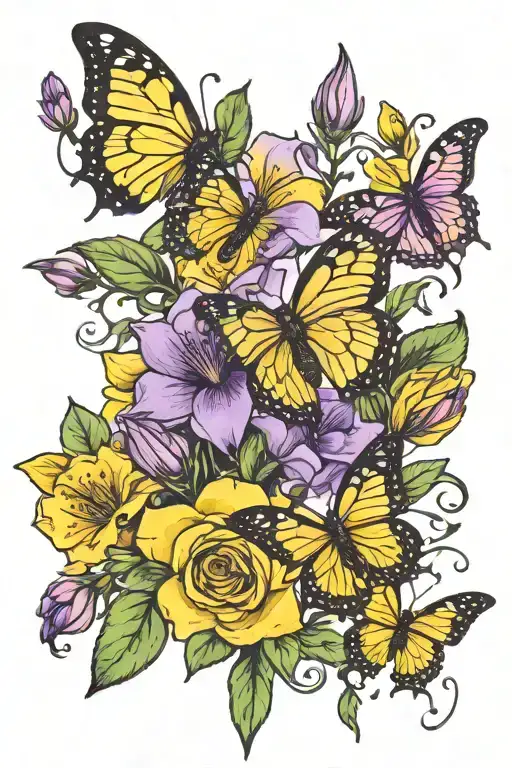Yellow And Purple Campanula Rapunculus With Butterflies