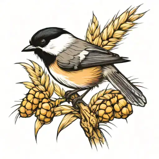 Realistic Chickadee On A Branch With Wheat In Mouth