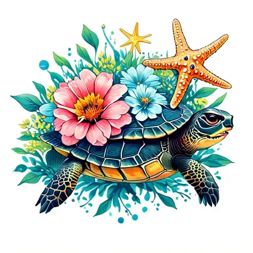 Flowers Surrounding Turtle And Starfish