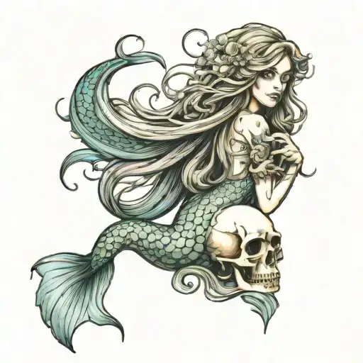 Mermaid With Long Hair And Tail Holding A Skull