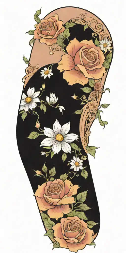 An Intricate Tattoo With A Vine Of Daisys Cosmos Flowers And Roses