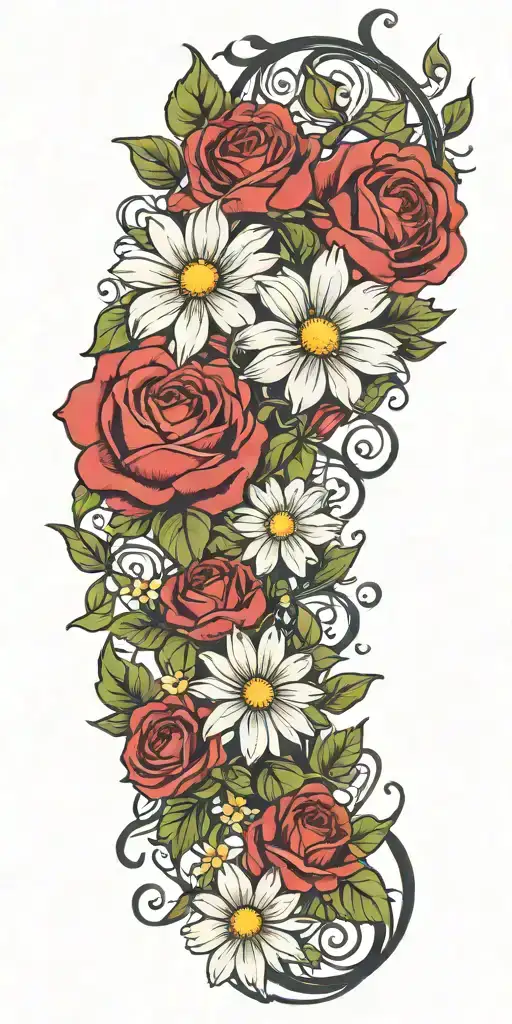 An Intricate Tattoo With A Vine Of Daisys Cosmos Flowers And Roses