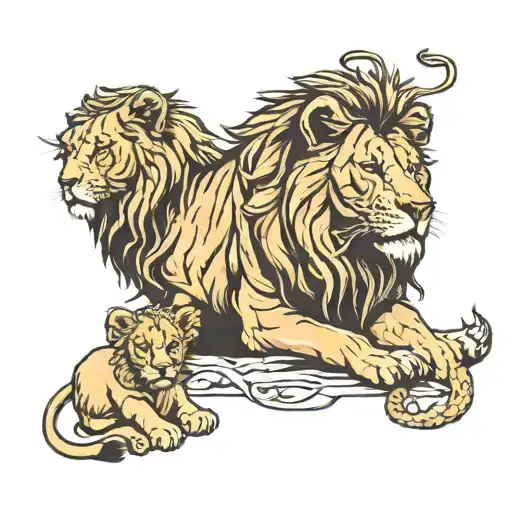 Lion And Cubs 1 On Head And 1 On Feet