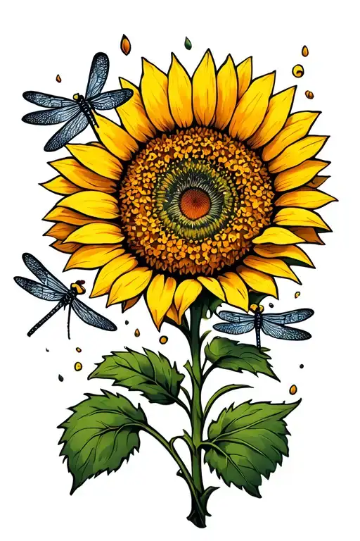 Sunflower With Some Petals Falling Off In The Shape Of Dragonflies