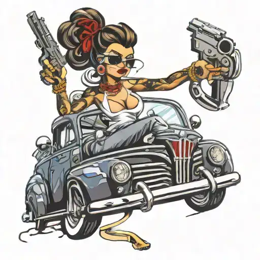 Gangster Chick In Lowrider Vehicle Pointing Gun Intertwined